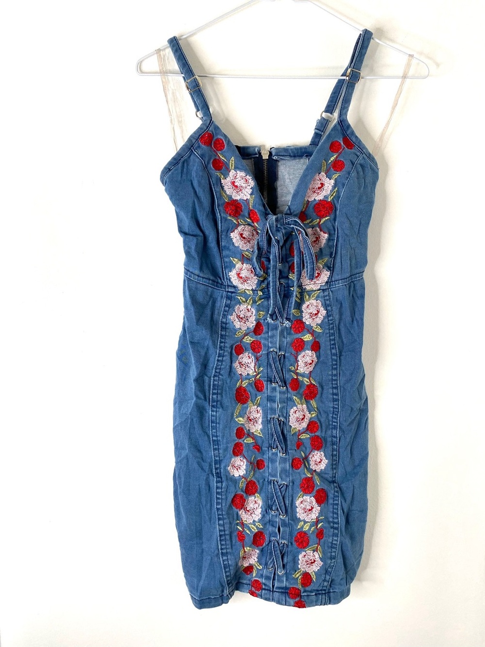 Parisian Works Blue Denim Mini Dress with Red & Pink Floral Embroidery